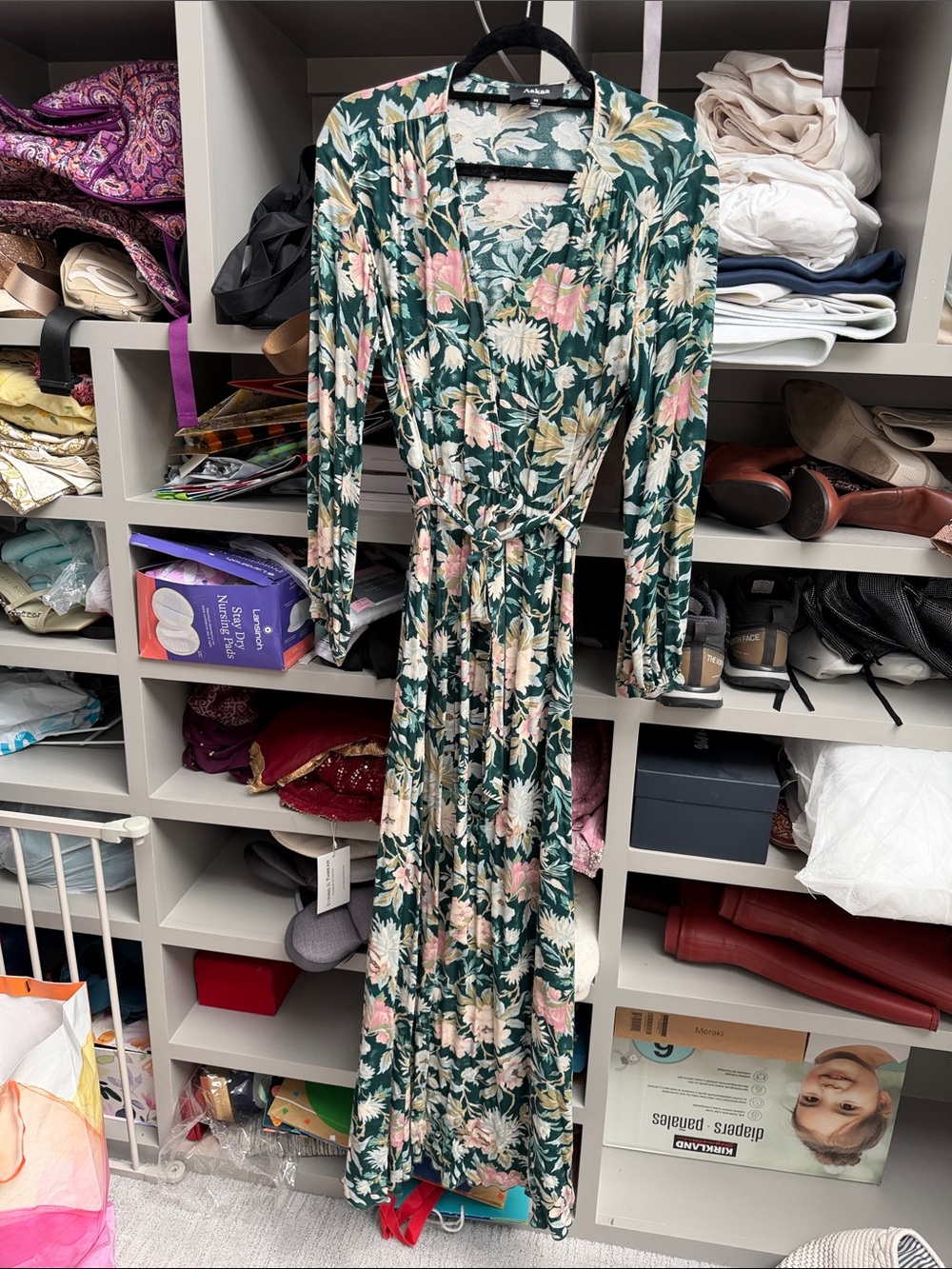 Aakaa Green Floral Wrap Maxi Dress with Pink and Cream Blooms